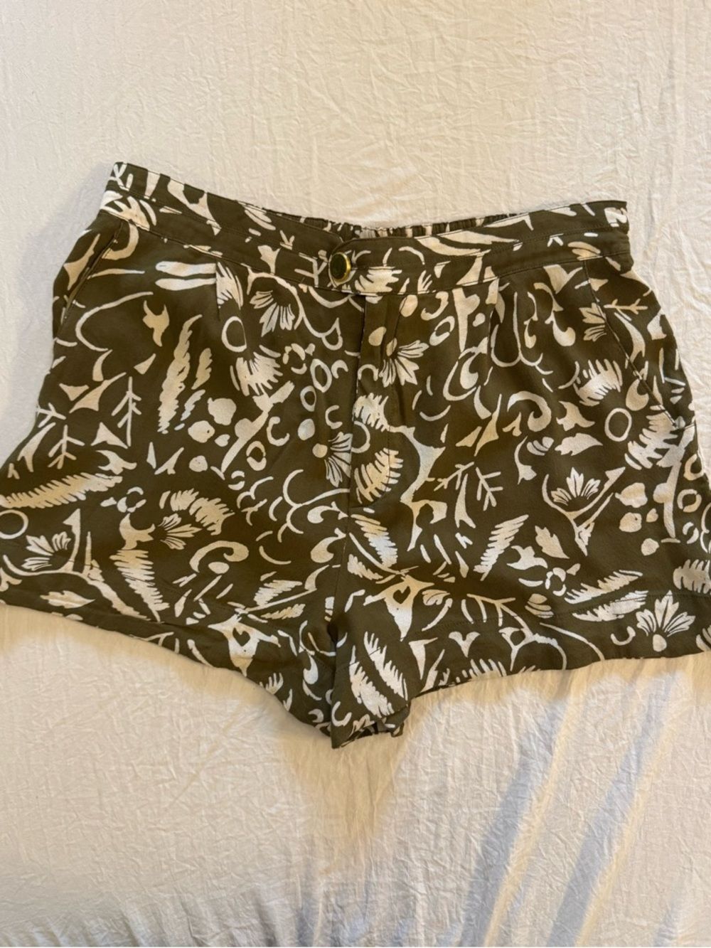 Anthropologie Olive and White Botanical High-Waist Shorts